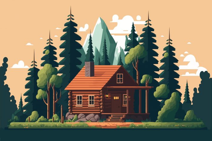 Wood,Cabin.,Wooden,House,In,The,Forest.,Vector,Illustration,In