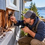 Contractor inspecting dry rot and damaged wood siding beneath a window of a waterfront home in Kitsap County, WA, before a remodeling project.