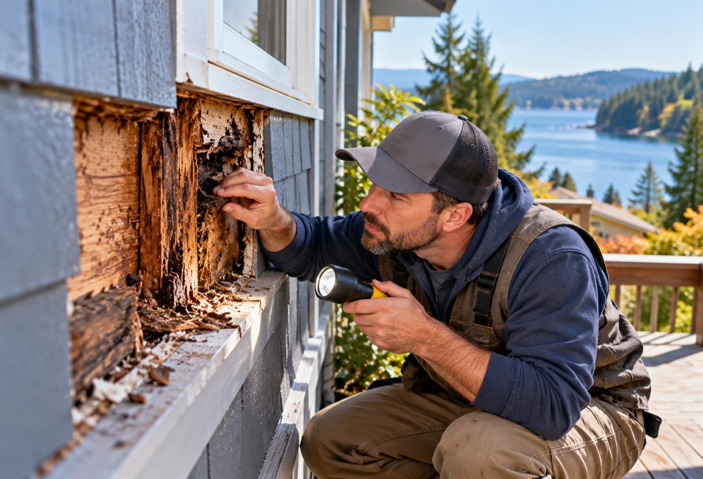 Contractor inspecting dry rot and damaged wood siding beneath a window of a waterfront home in Kitsap County, WA, before a remodeling project.